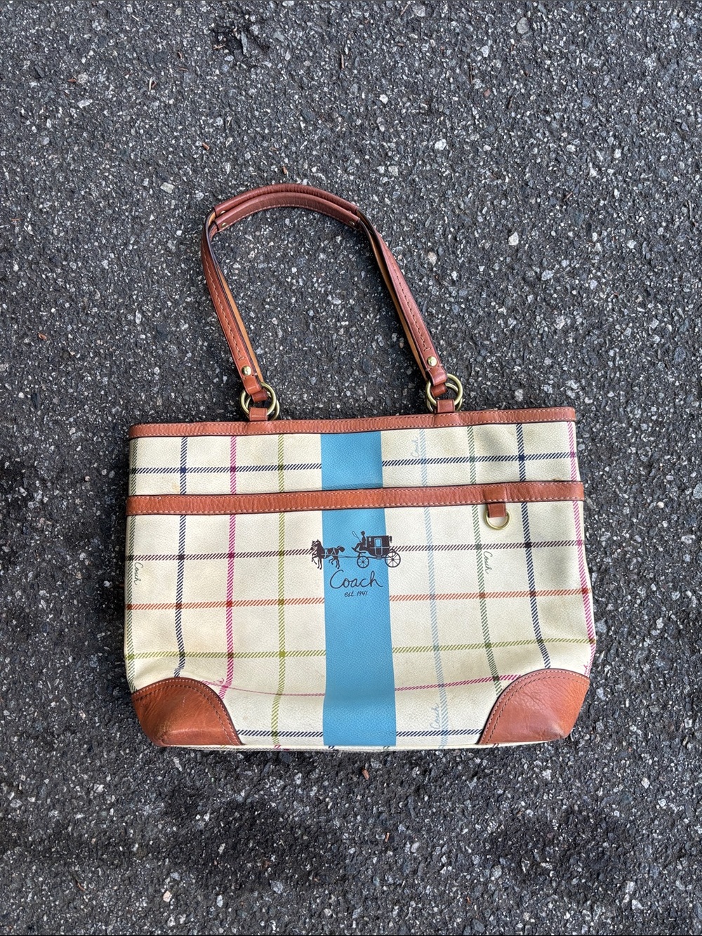 Coach Plaid Tote in Ivory, Blue & Brown Leather